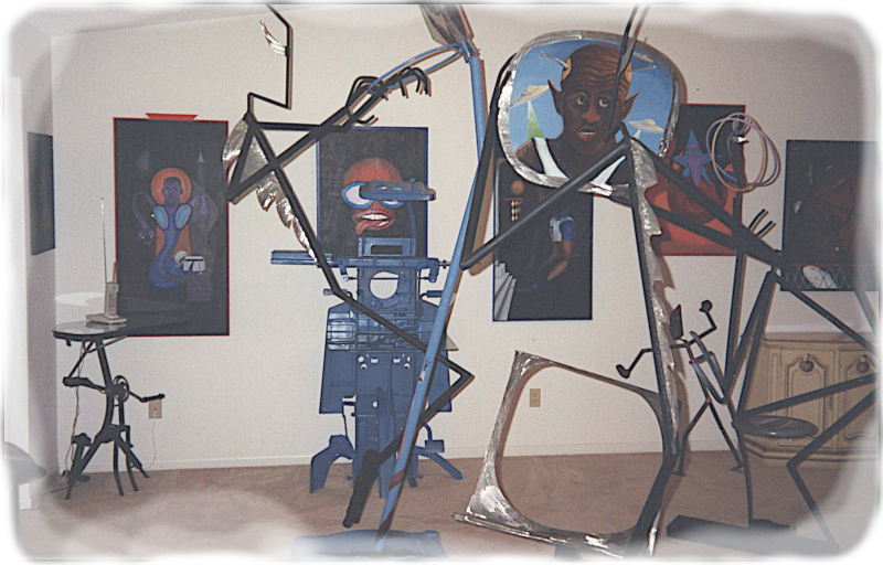 This is an image of Wildmman's 1990's house with canvas art and sculptures.