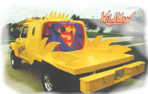 This is the rear view image of Shaqzilla showing the mural of Shaq dunking a basketball thru a Superman logo over a bull.